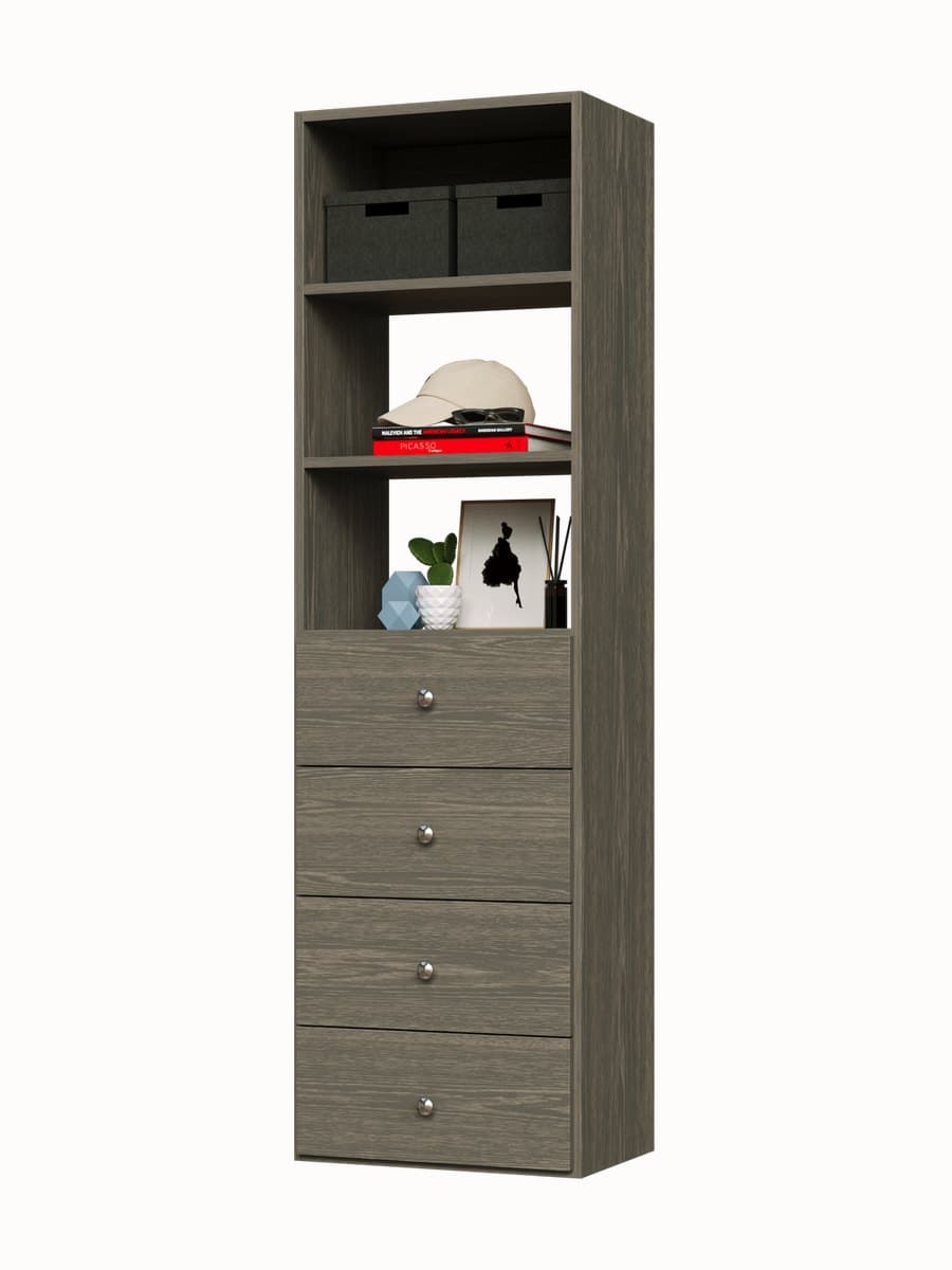 The same tower in Grey: three open bays over a four-drawer bank with round knobs.