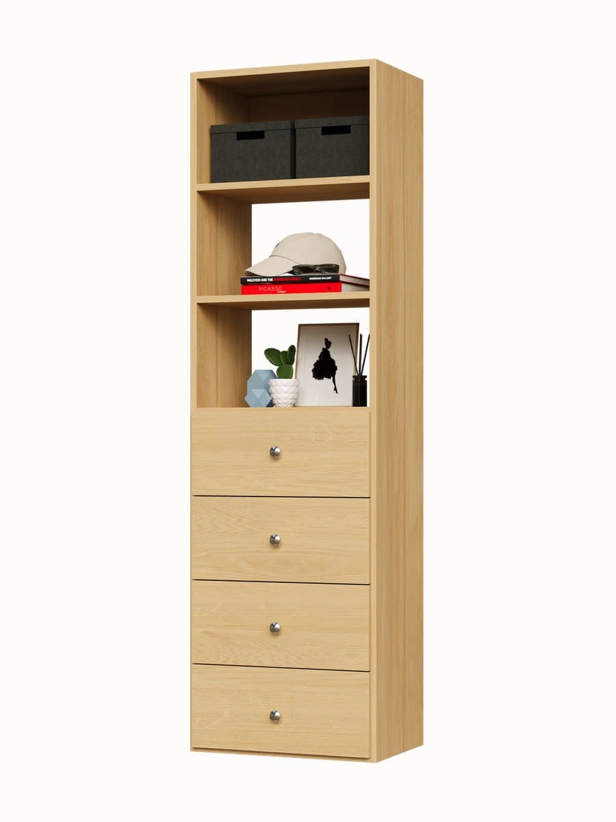 The same tower in Natural Oak: three open bays over a four-drawer bank with round knobs.