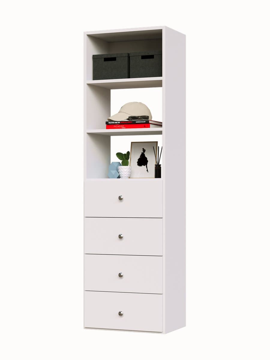A tower in White: three open bays, the top one holding two storage boxes, over a four-drawer bank with round knobs.