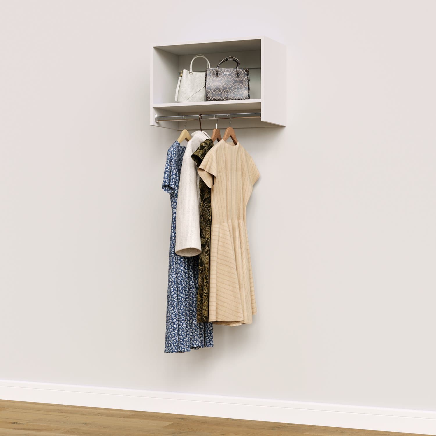A white wall-hung unit with a two-shelf box above a single hanging rod holding dresses.