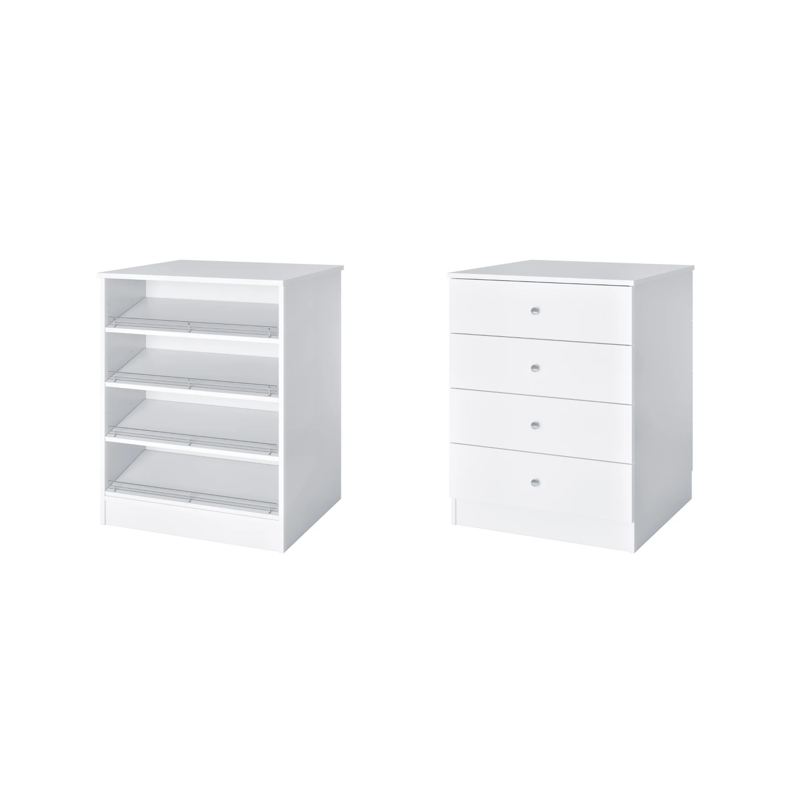 Two views of a white closet island showing drawers on one face and slanted shoe shelves on the other.