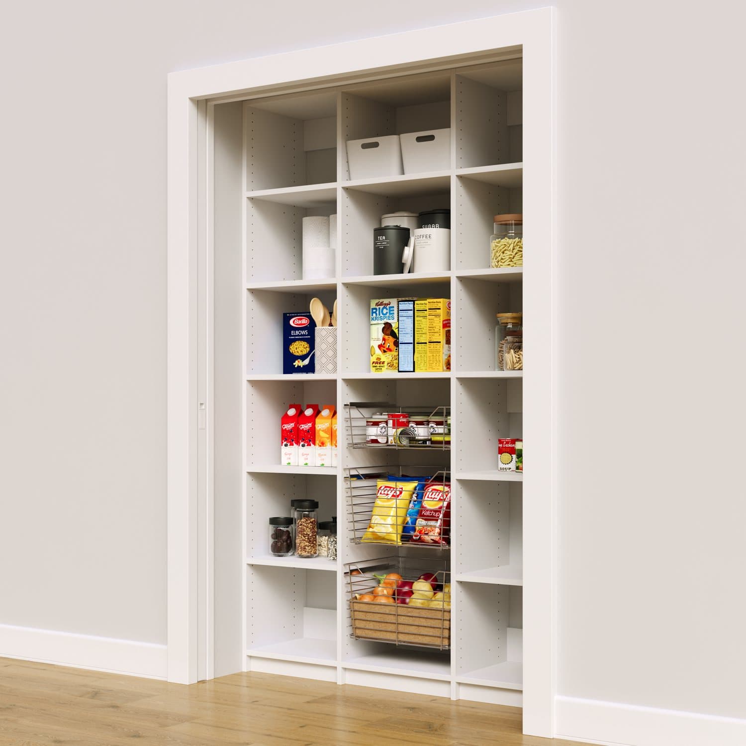 A white pantry filling a reach-in opening: adjustable shelves, cubbies and pull-out wire baskets, stocked with food.