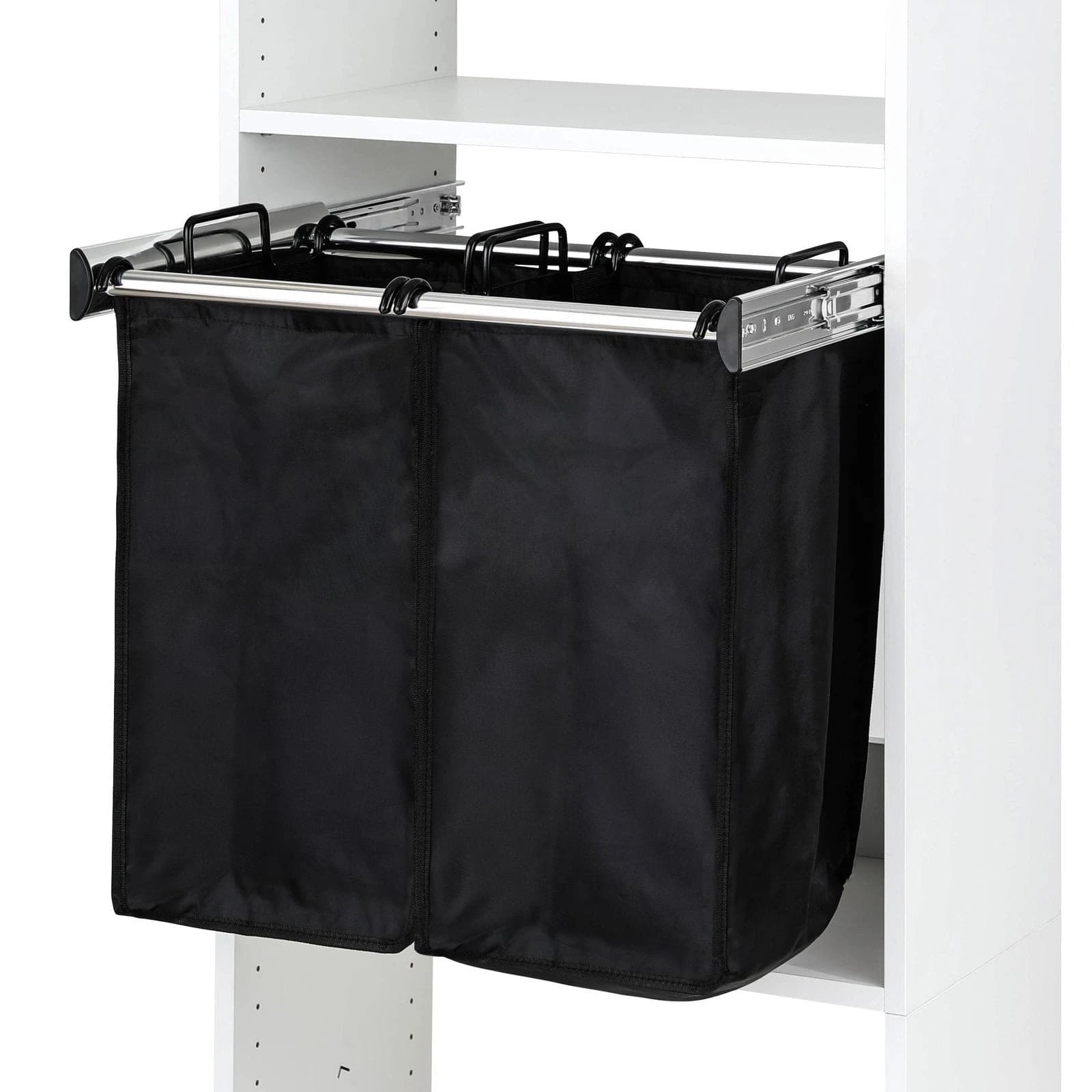 Two black laundry bags suspended from an extended sliding frame inside an open white closet section.