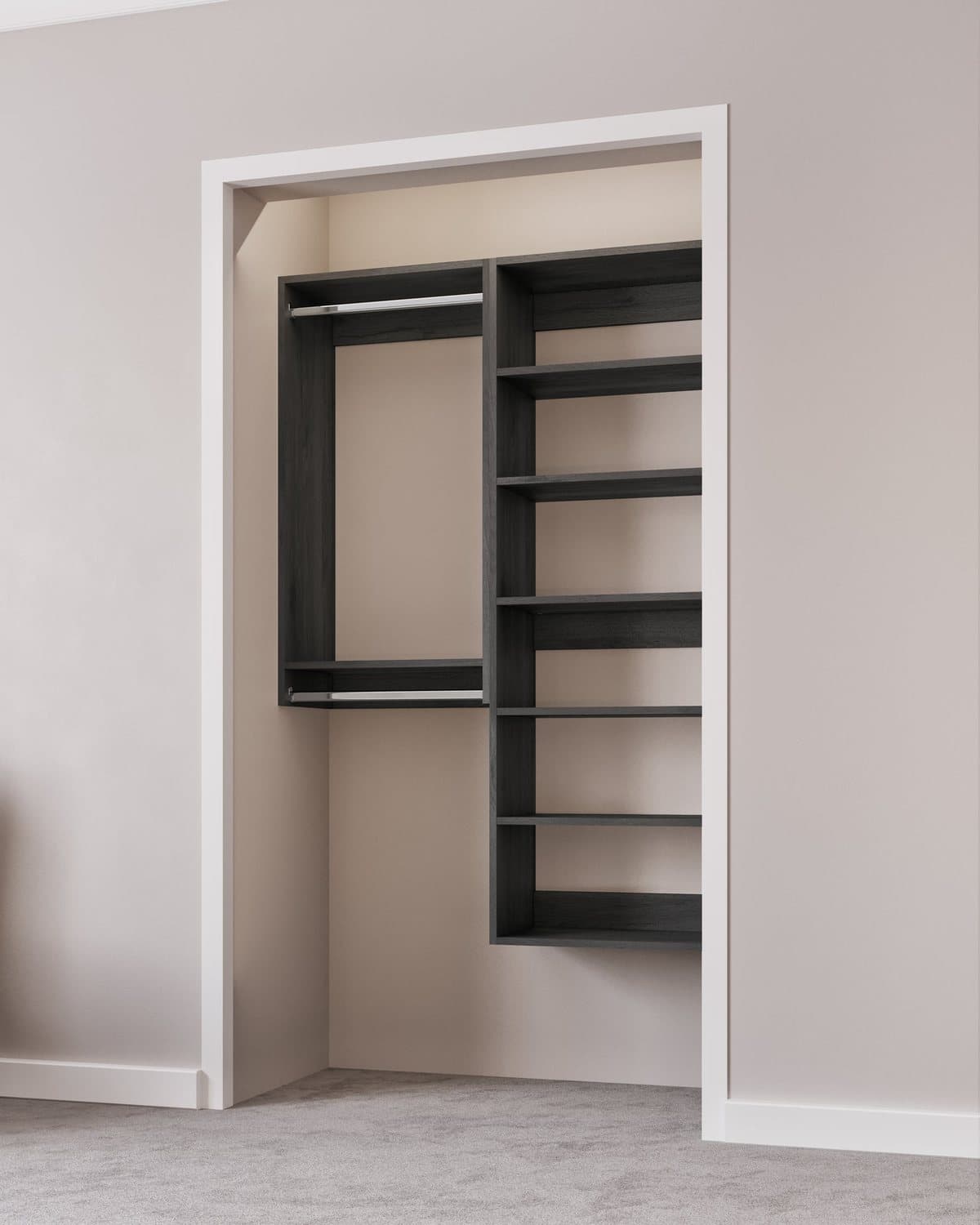 An empty closet run showing the carcass: a double-hang bay on the left and a tower of shelves on the right, both hung clear of the floor.
