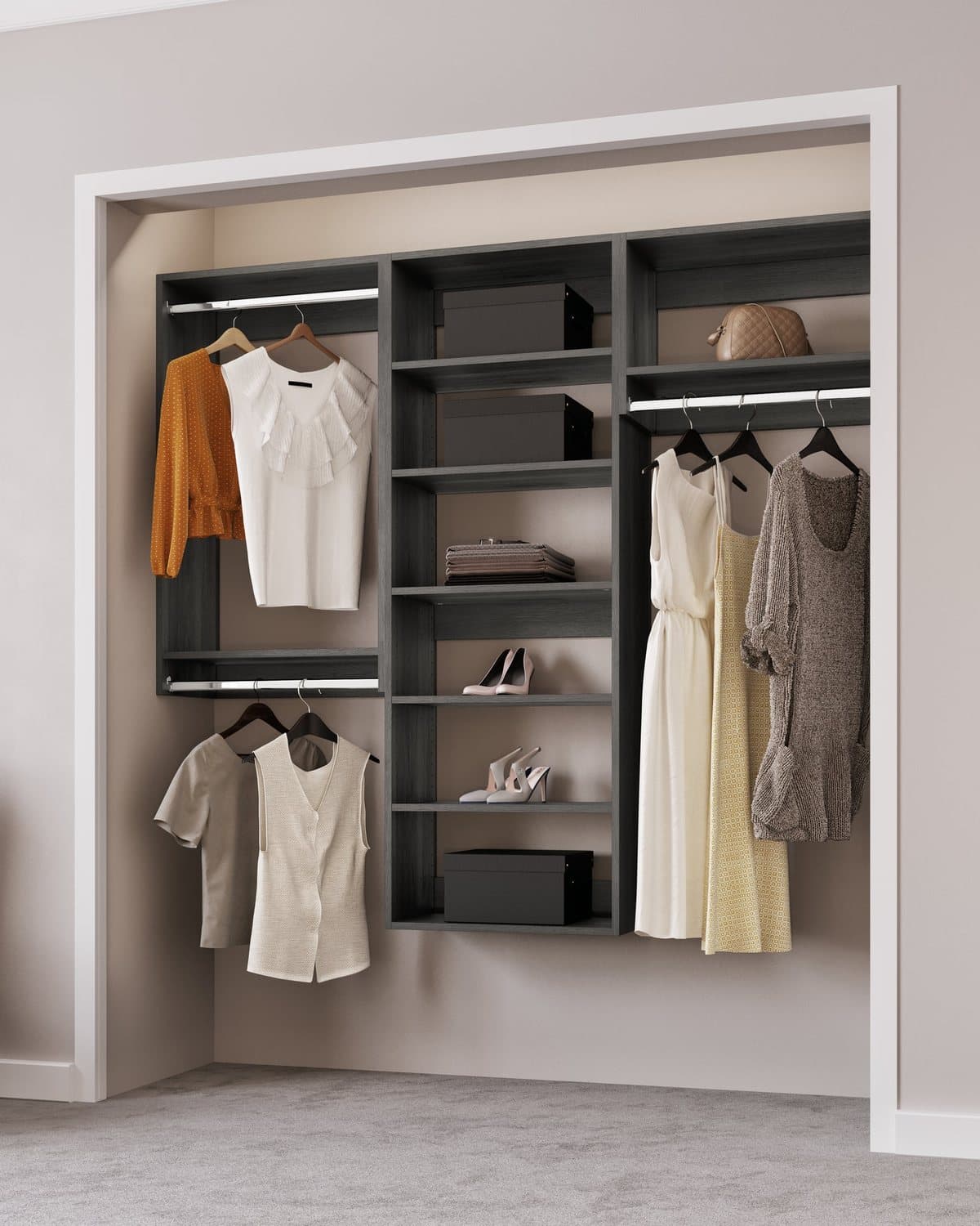 A reach-in in grey: double hanging on the left, adjustable shelves and shoe shelves in the centre tower, and long hanging on the right.