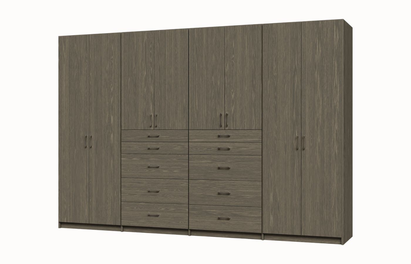 A wide grey wardrobe wall: four full-height doors flanking two central drawer banks.